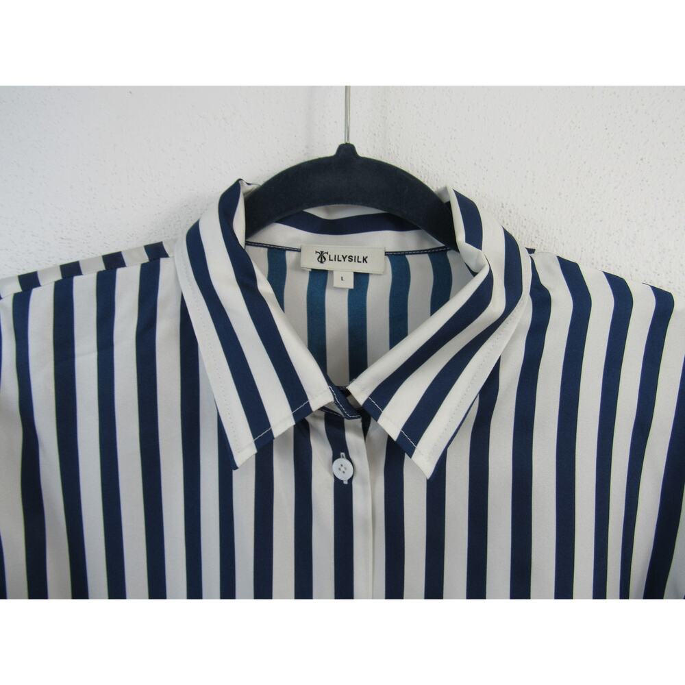Lilysilk Large Amalfi Stripe Silk Shirt Blue White Pinstripes Silk Blouse Top - Picture 2 of 8